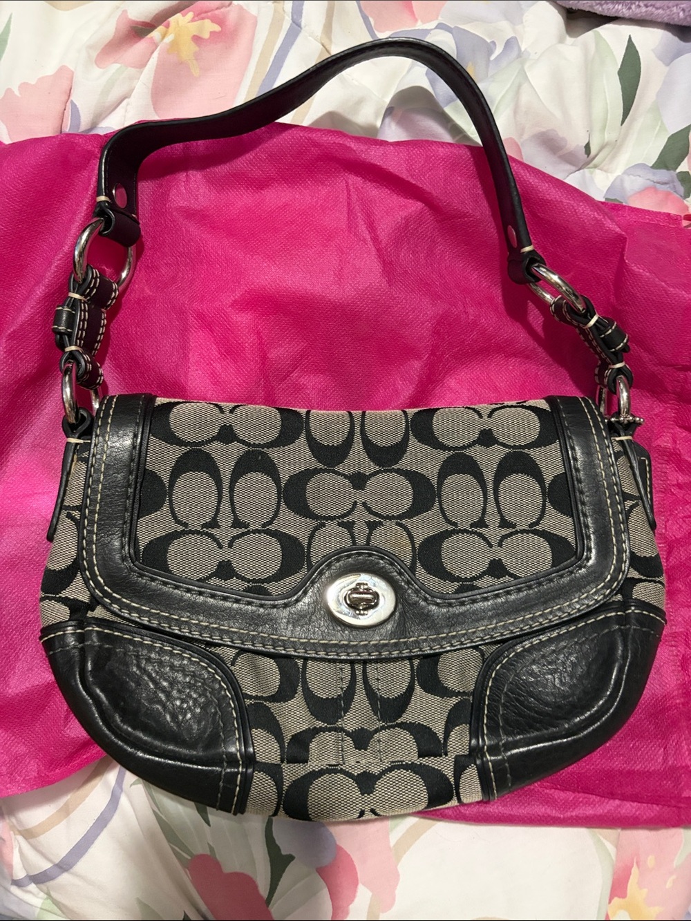 Coach Black and Gray Signature Canvas Shoulder Bag